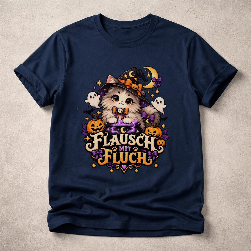 Flausch mit Fluch Halloween Katzen T-Shirt Damen Oversized Hexenkatze Cute Spooky Herbst Shirt Geschenk