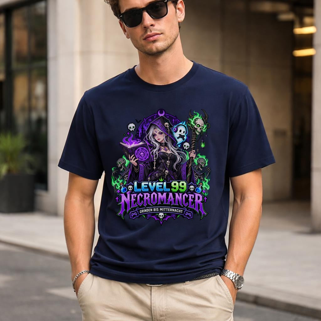 Level 99 Necromancer T-Shirt Herren Damen, Gamer Fantasy Shirt, Grinden bis Mitternacht, Gothic RPG Funshirt