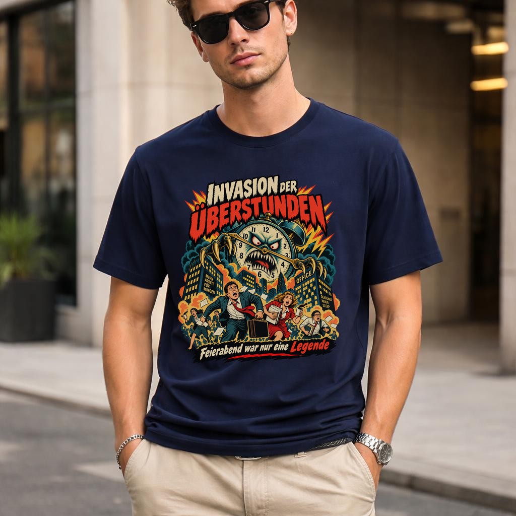 Invasion der Überstunden T-Shirt Herren Lustig Büro Spruch Retro Monster Clock Shirt Feierabend Legende Geschenk Kollege