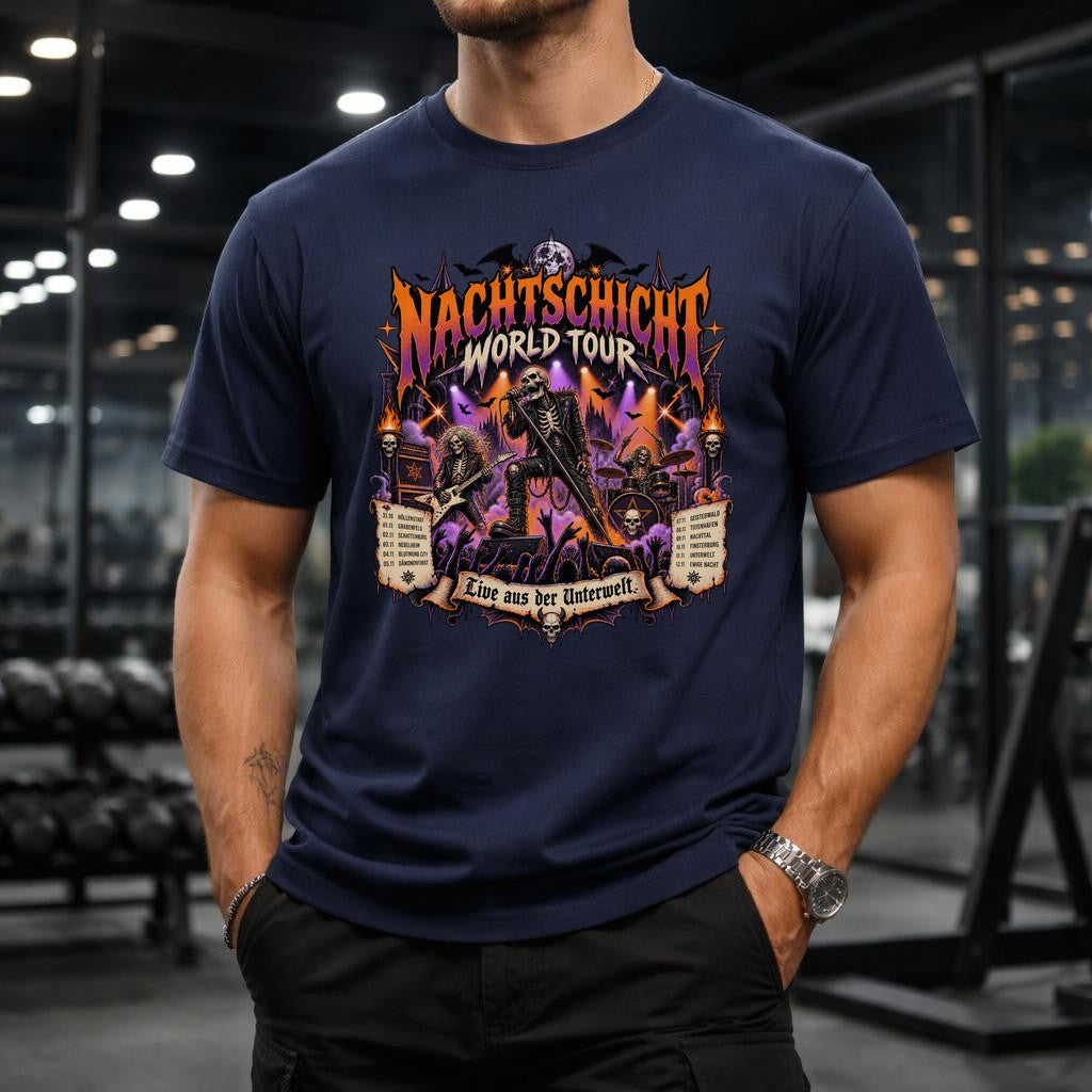 Nachtschicht World Tour T-Shirt Herren Unisex, Gothic Metal Konzertshirt, Live aus der Unterwelt, schwarzes Oversized Shirt