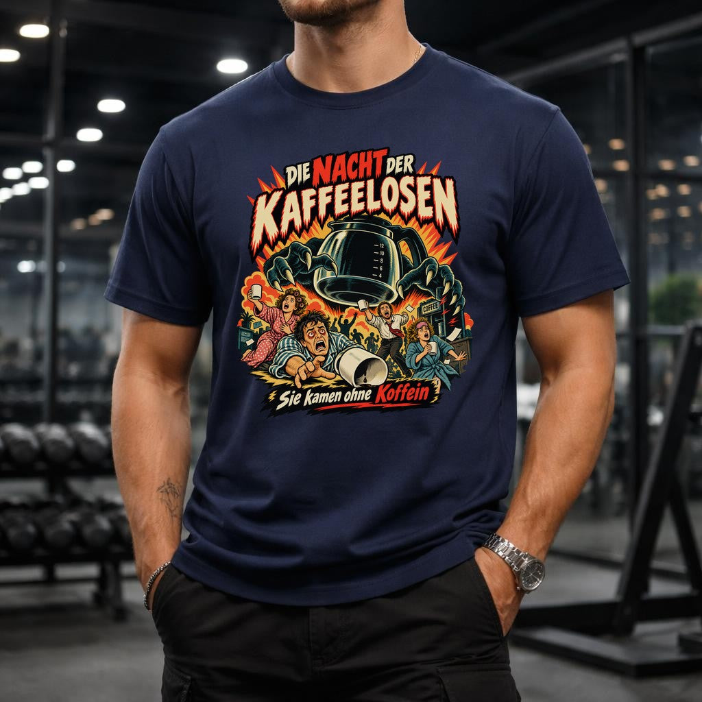Die Nacht der Kaffeelosen T-Shirt lustig, Kaffee Humor Shirt, Retro Horror Koffein Funshirt Unisex