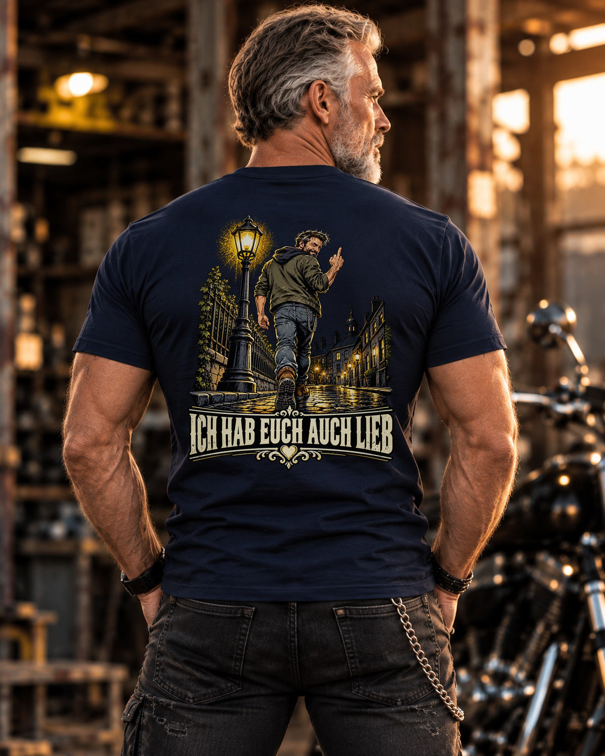 Ich hab euch auch lieb Rueckenprint Shirt mit Night Ride Motiv - lustiges Biker T-Shirt fuer Herren