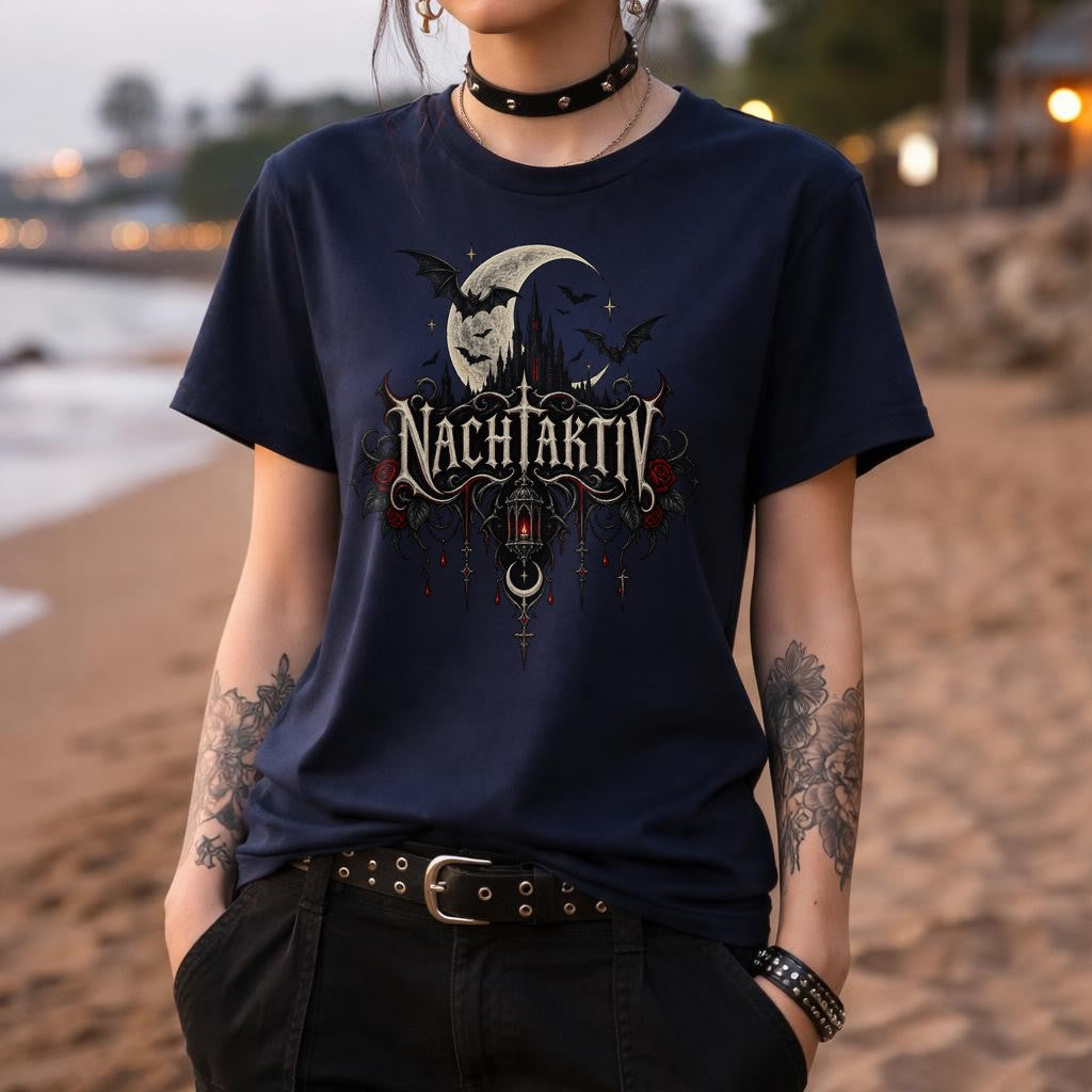 Nachtaktiv Gothic T-Shirt Damen Herren – Dark Moon Bat Skull Vintage Style