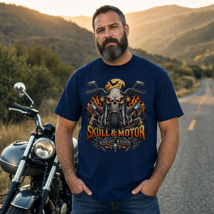Skull & Motor T-Shirt Herren, Biker Shirt mit Totenkopf Motorrad Print, Midnight Machine Rocker Tee Geschenk für Motorradfahrer