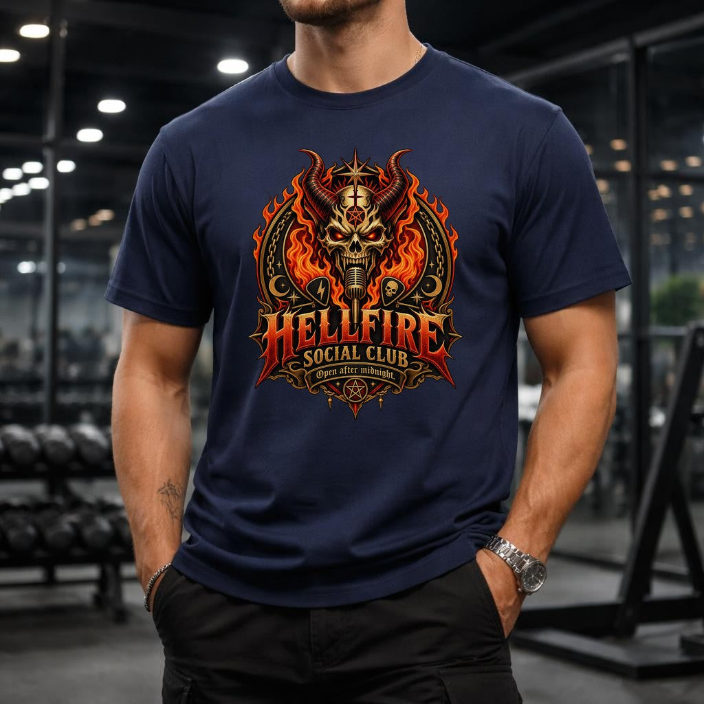 Hellfire Social Club T-Shirt Herren Gothic Metal Shirt mit Dämon Totenkopf Flammen Print Dark Fantasy Rock Geschenk