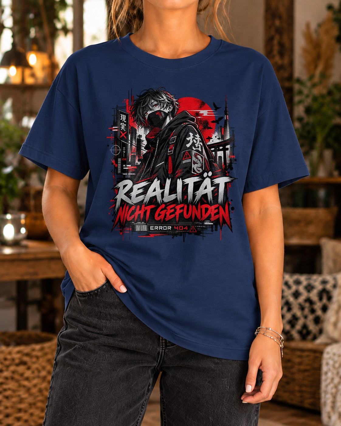 Realität Nicht Gefunden T-Shirt Anime Streetwear Damen Herren, Error 404 Cyberpunk Oversized Shirt Schwarz
