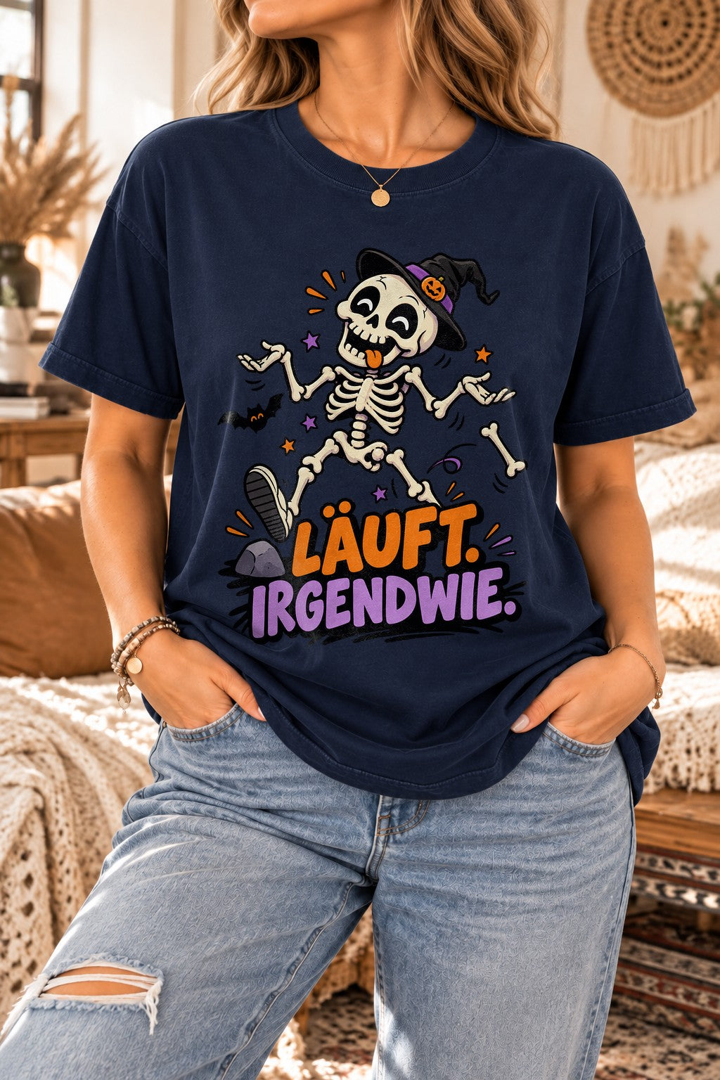 Halloween Skelett T-Shirt Damen Oversized Lustig Läuft Irgendwie Spruchshirt Vintage Washed Gothic Herbst