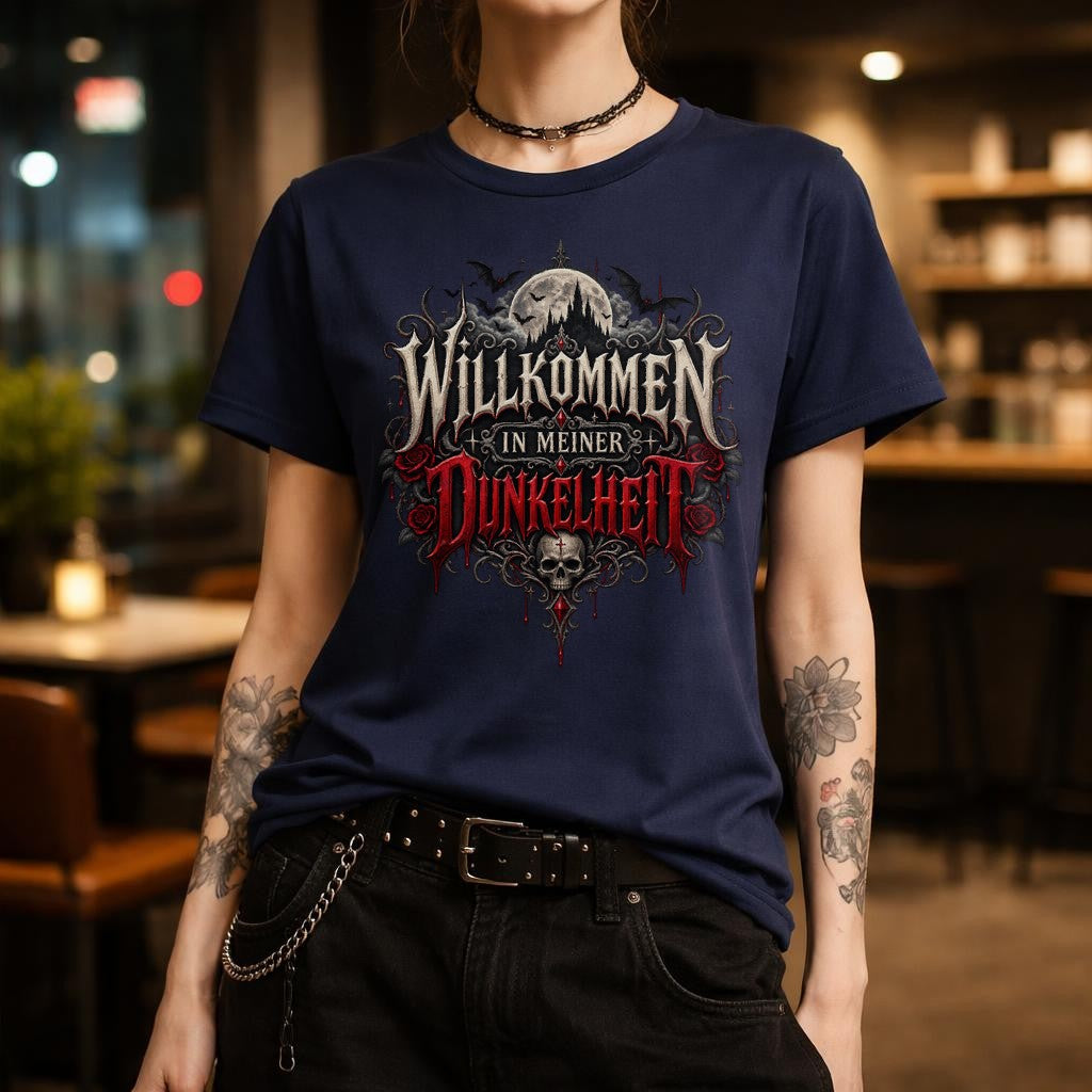 Willkommen in meiner Dunkelheit Gothic T-Shirt Damen, Dark Aesthetic Horror Shirt mit Totenkopf Mond
