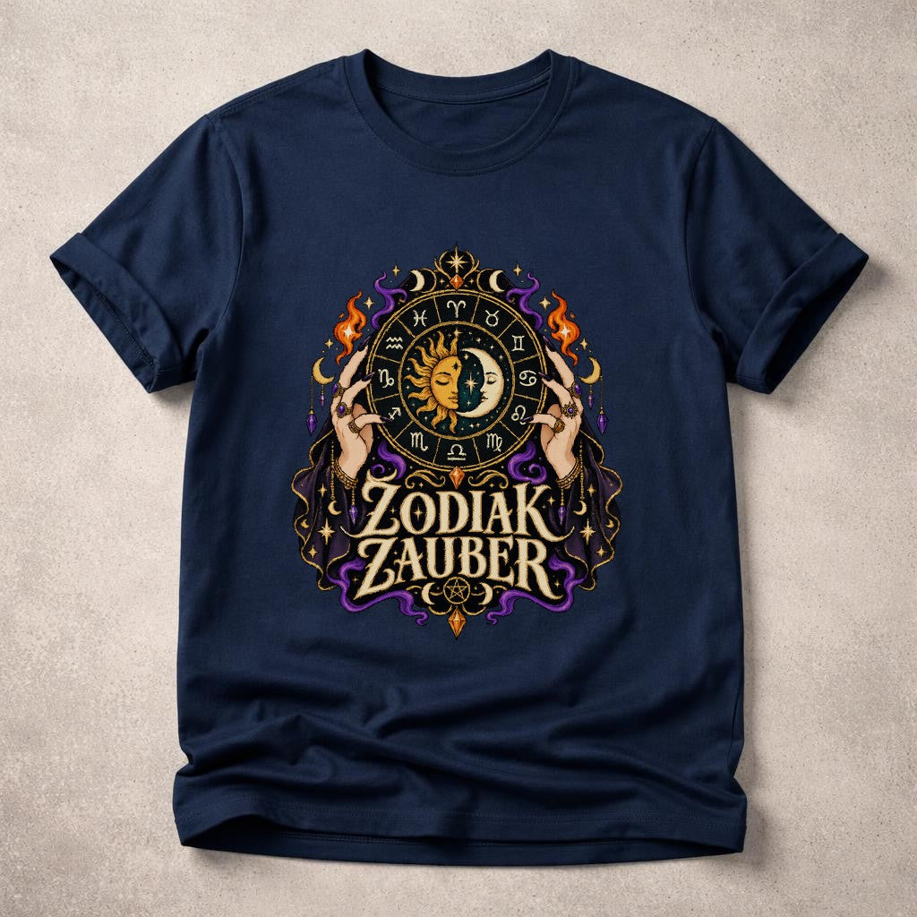 Zodiak Zauber T-Shirt Damen Unisex Astrologie Sternzeichen Mystic Gothic Retro Shirt Sonne Mond Oversized Schwarz