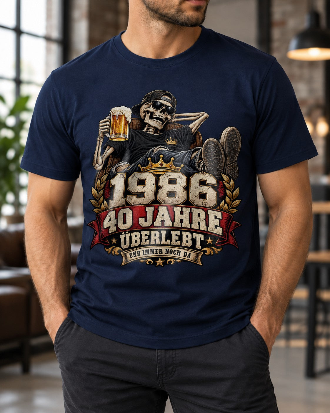 1986 40 Jahre Überlebt T-Shirt Herren, lustiges 40. Geburtstag Shirt mit Skelett Bier, Geschenk zum Vierzigsten