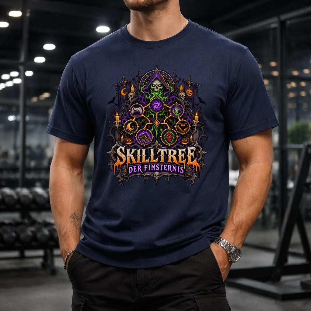 Skilltree der Finsternis T-Shirt Gamer Gothic Halloween Unisex, Dunkle Fantasy Shirt mit Skelett Magie Motiv