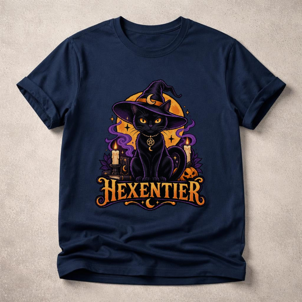 Hexentier Katzen T-Shirt Damen Oversized Halloween Katze Hexe Gothic Retro Shirt Schwarz