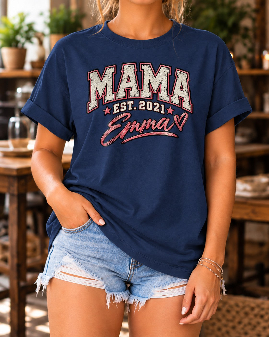 Personalisiert Mama T-Shirt mit Namen & Wunschjahr, Vintage College Shirt Damen, Geschenk für Mutter Geburtstag