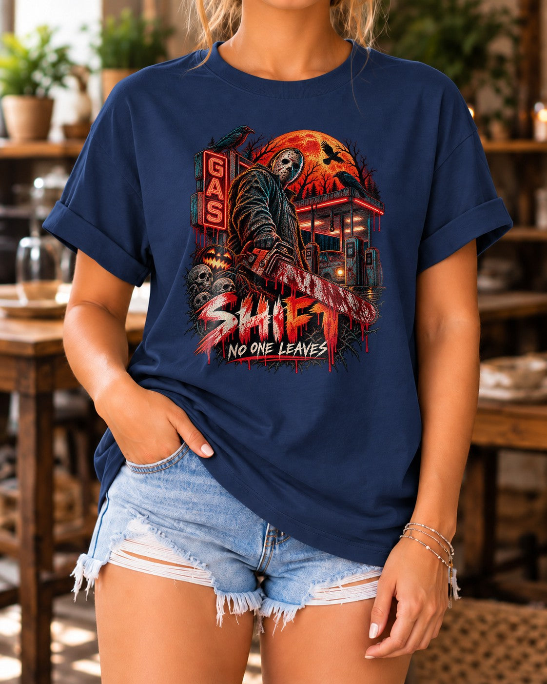 Horror Slasher T-Shirt Shift No One Leaves Gas Station Halloween Shirt Jason Mask Retro Horror Tee