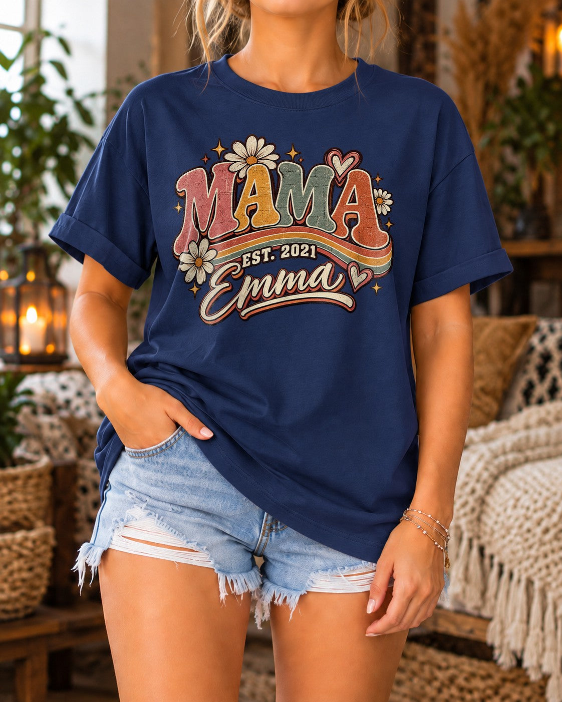 Personalisiert Mama T-Shirt mit Namen & Wunschjahr, Retro Blumen Vintage Geschenk für Muttertag, Mama Shirt Damen