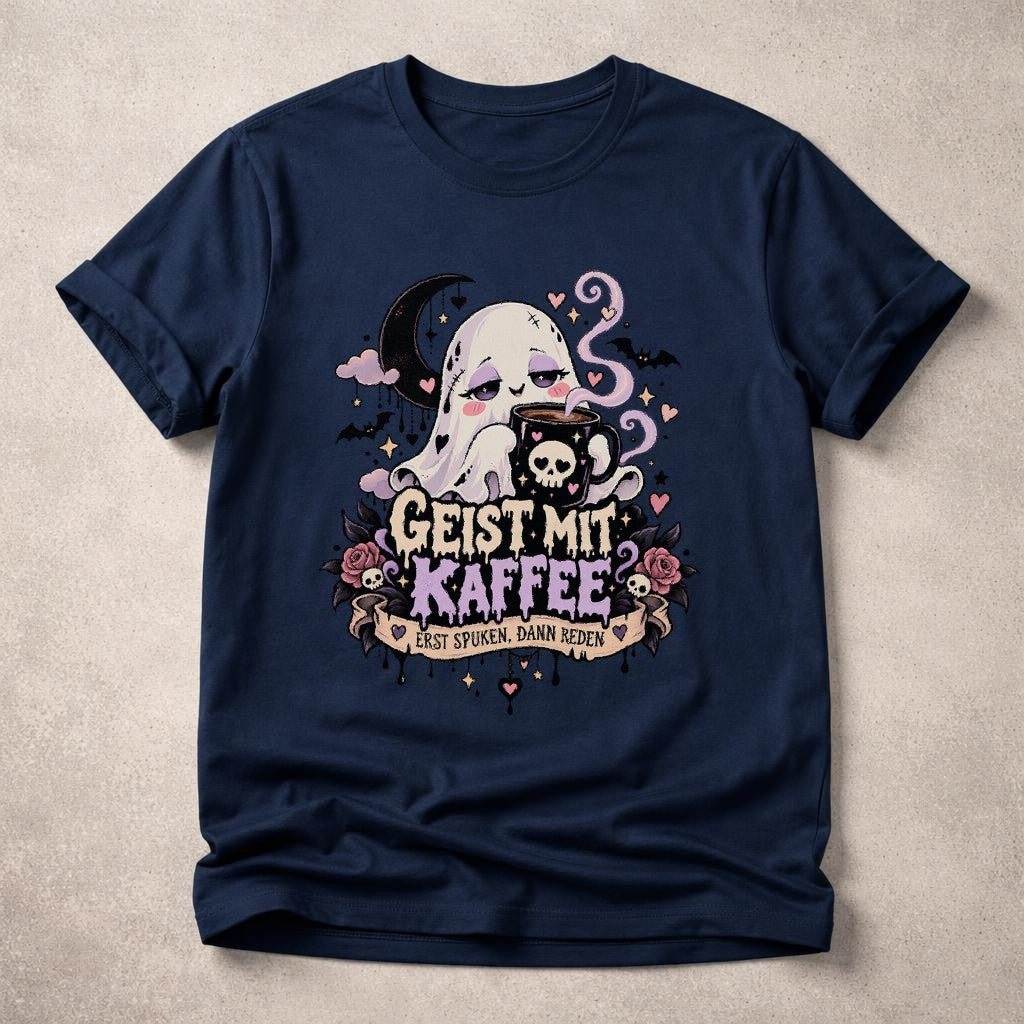 Geist mit Kaffee T-Shirt Damen Oversized Lustig Gothic Kawaii Kaffee Spruchshirt Schwarz Halloween Ghost Tee