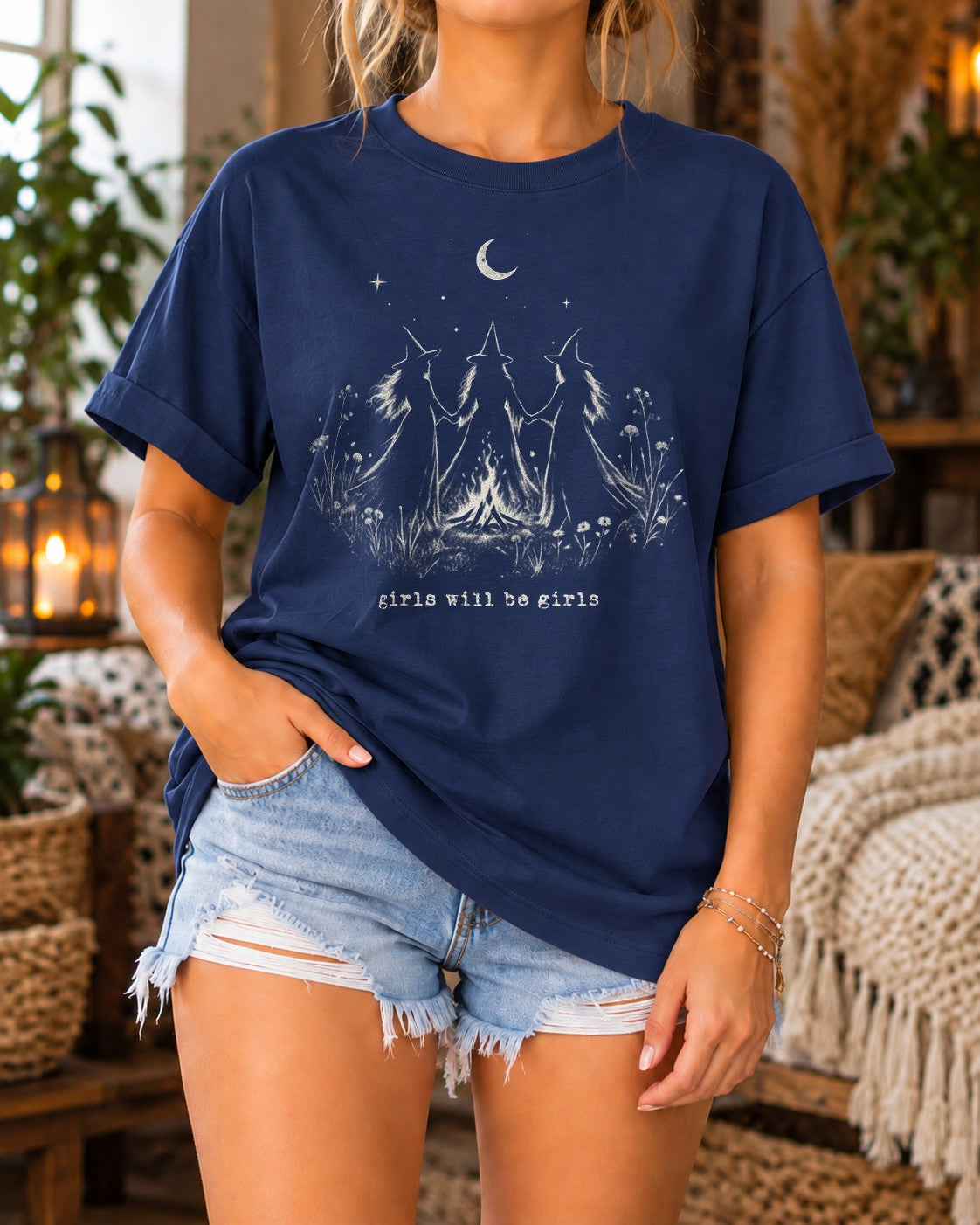 Witchy Damen T-Shirt girls will be girls, Hexen Shirt Vintage Gothic Moon Magic Geschenk für Frauen