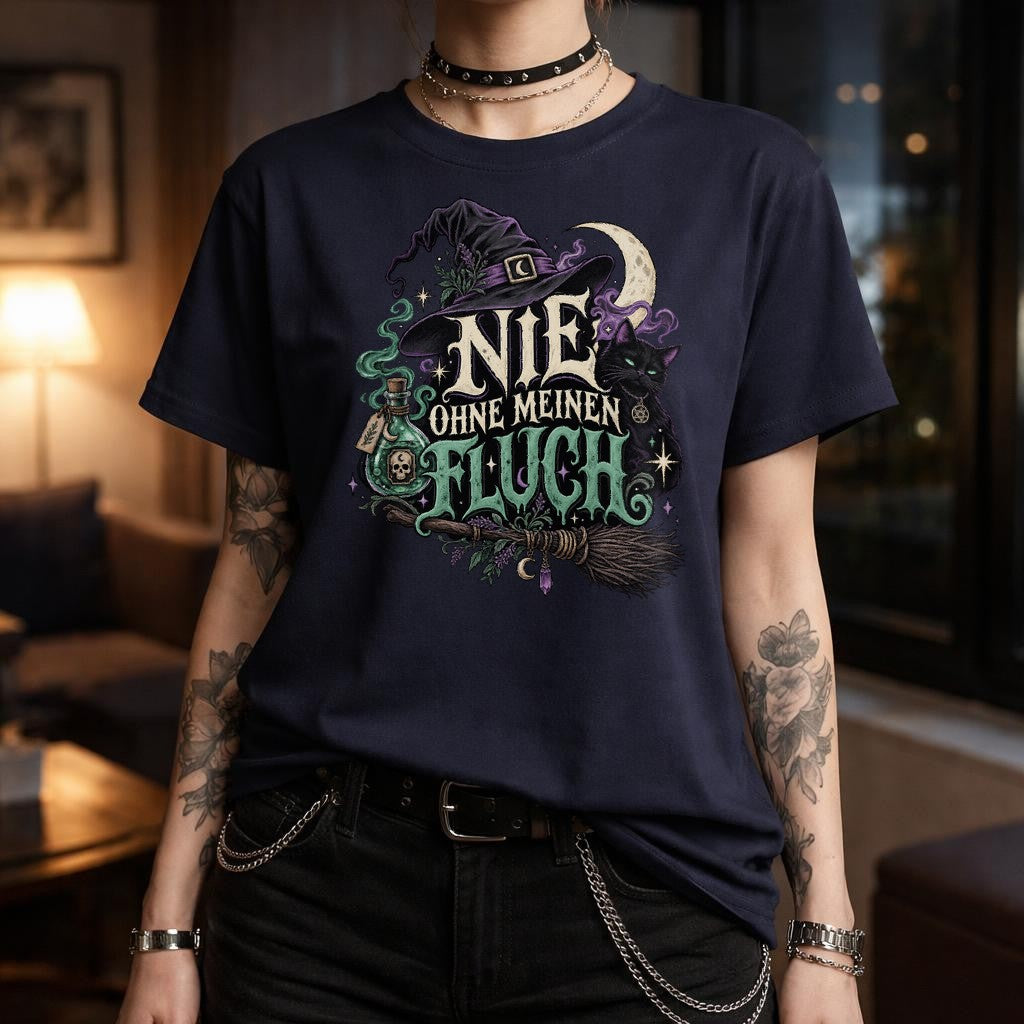 Nie Ohne Meinen Fluch T-Shirt Gothic Witch Cat Halloween Shirt für Damen