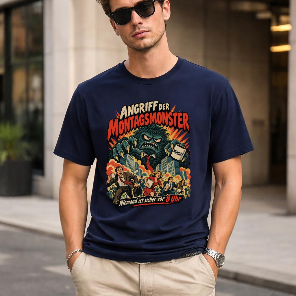 Angriff der Montagsmonster T-Shirt Herren lustig Büro Montag Spruch Shirt Retro Monster Grafik Geschenk