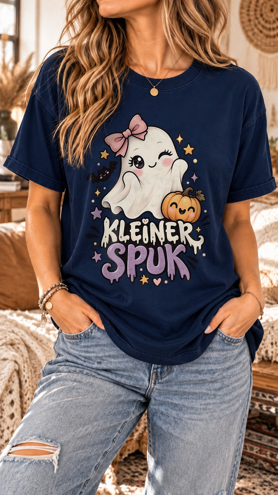 Kleiner Spuk Halloween T-Shirt Damen Oversized Cute Ghost Shirt Herbst Kürbis Kawaii Spooky Season Geschenk