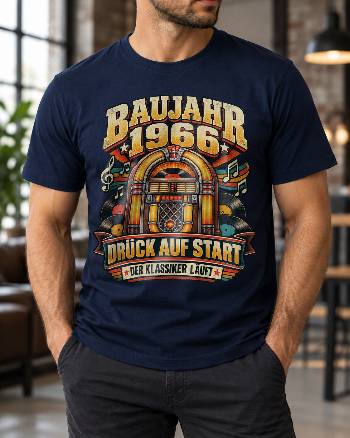 Baujahr 1966 T-Shirt Herren Retro Jukebox Geburtstag Shirt Druck auf Start Der Klassiker läuft Geschenk Mann