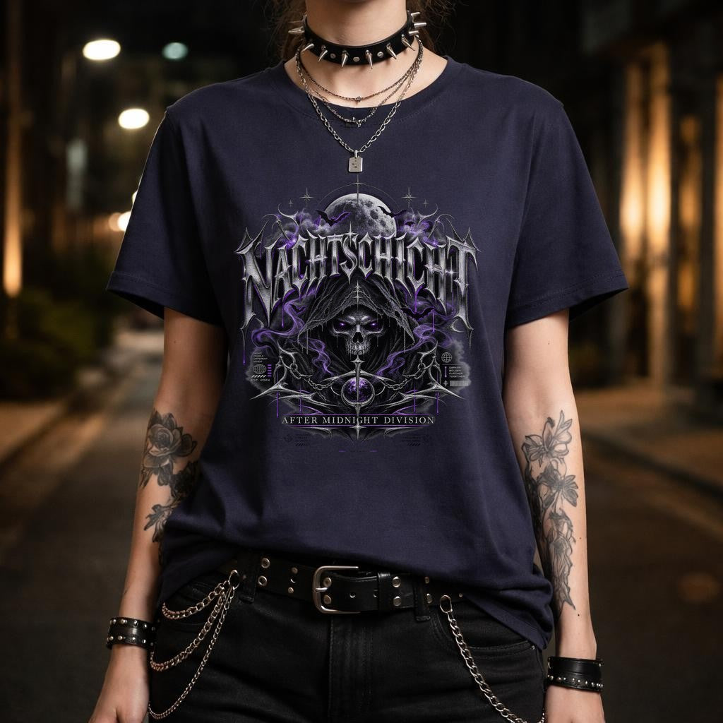 NACHTSCHREI Camiseta gótica para mujer – Camiseta Dark Metal con calavera y luna