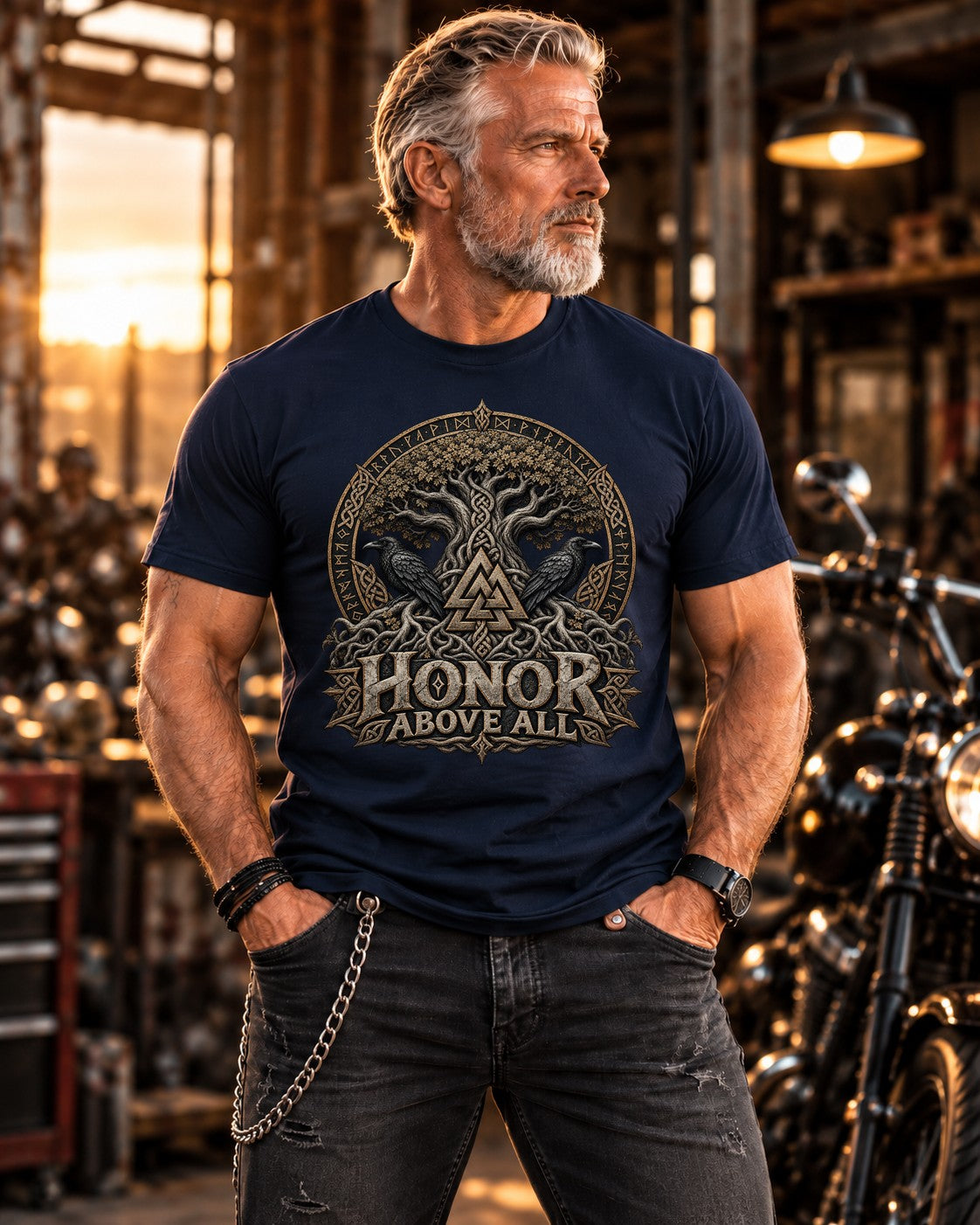 Wikinger T-Shirt Herren Honor Above All, Viking Shirt mit Raben Yggdrasil Valknut, Norse Mythology Geschenk