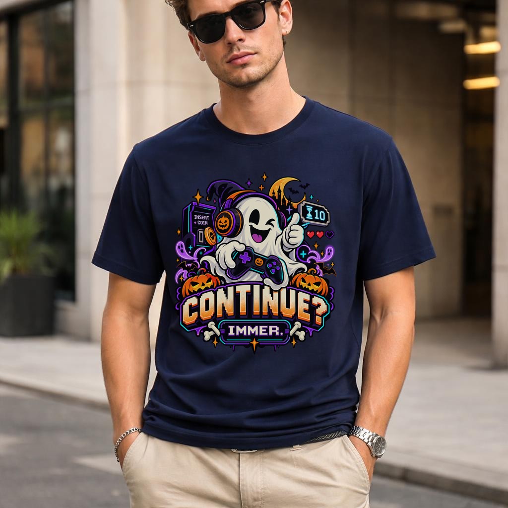 Halloween Gamer T-Shirt Herren Continue Immer Geist Gaming Shirt Retro Arcade Geschenk Gamer Nerd