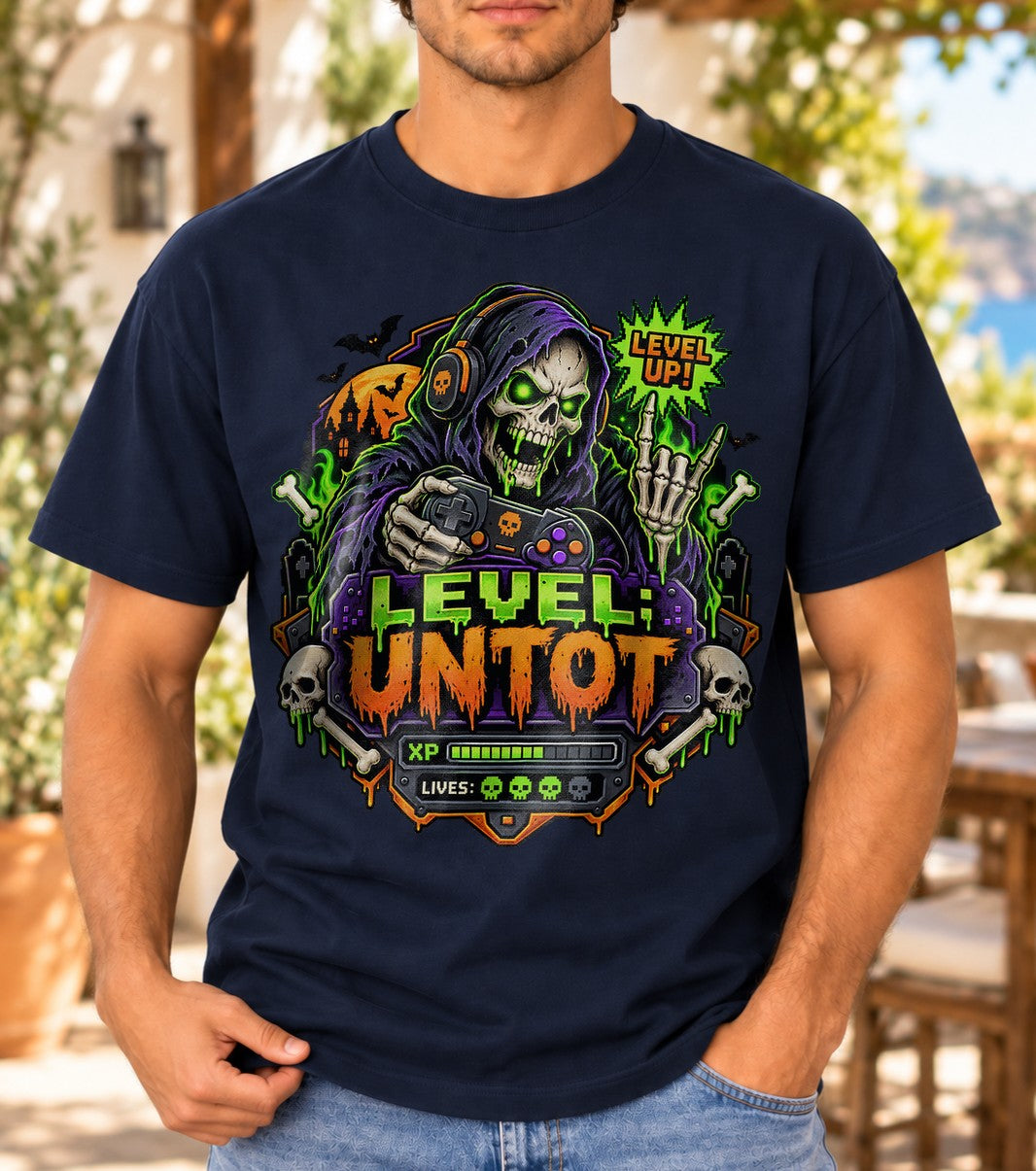 Level Untot Gamer T-Shirt Herren Damen, Lustiges Gaming Halloween Shirt, Skelett Zocker Tee, Nerd Geschenk