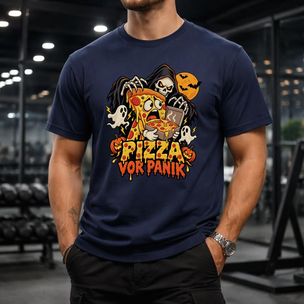 Pizza vor Panik T-Shirt Halloween Lustig Skelett Pizza Shirt Unisex Grusel Funshirt Geschenk