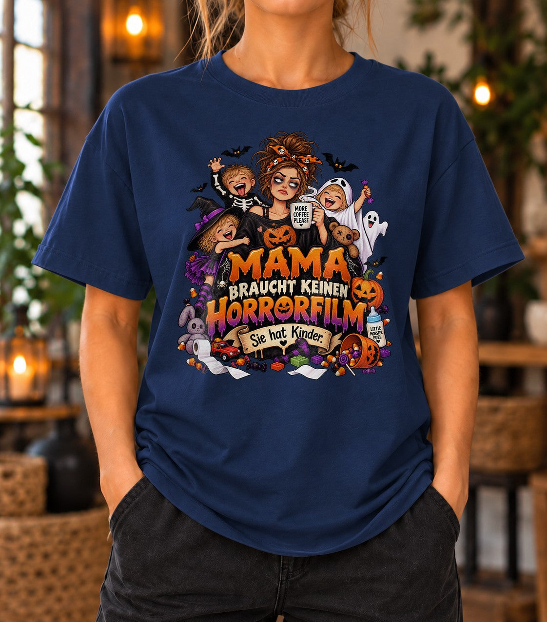 Halloween Mama T-Shirt lustig, Mama braucht keinen Horrorfilm sie hat Kinder, Grusel Mama Shirt Damen, Herbst Outfit