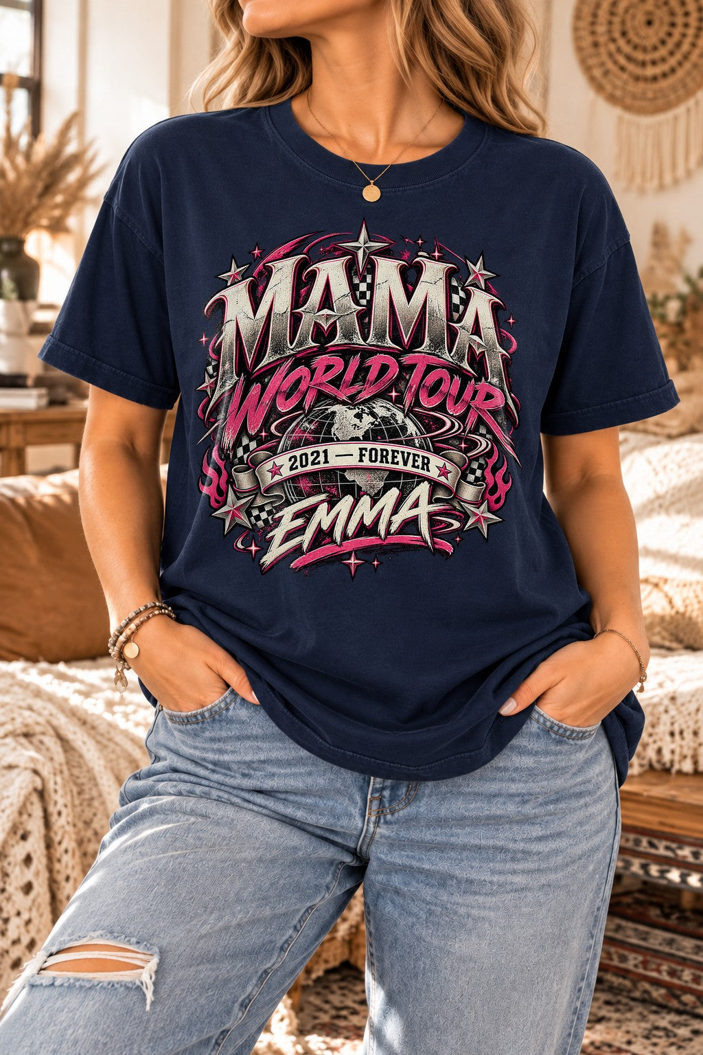Personalisiert Mama World Tour T-Shirt mit Name & Wunschjahr, Rock Vintage Shirt Damen, Geschenk für Mama