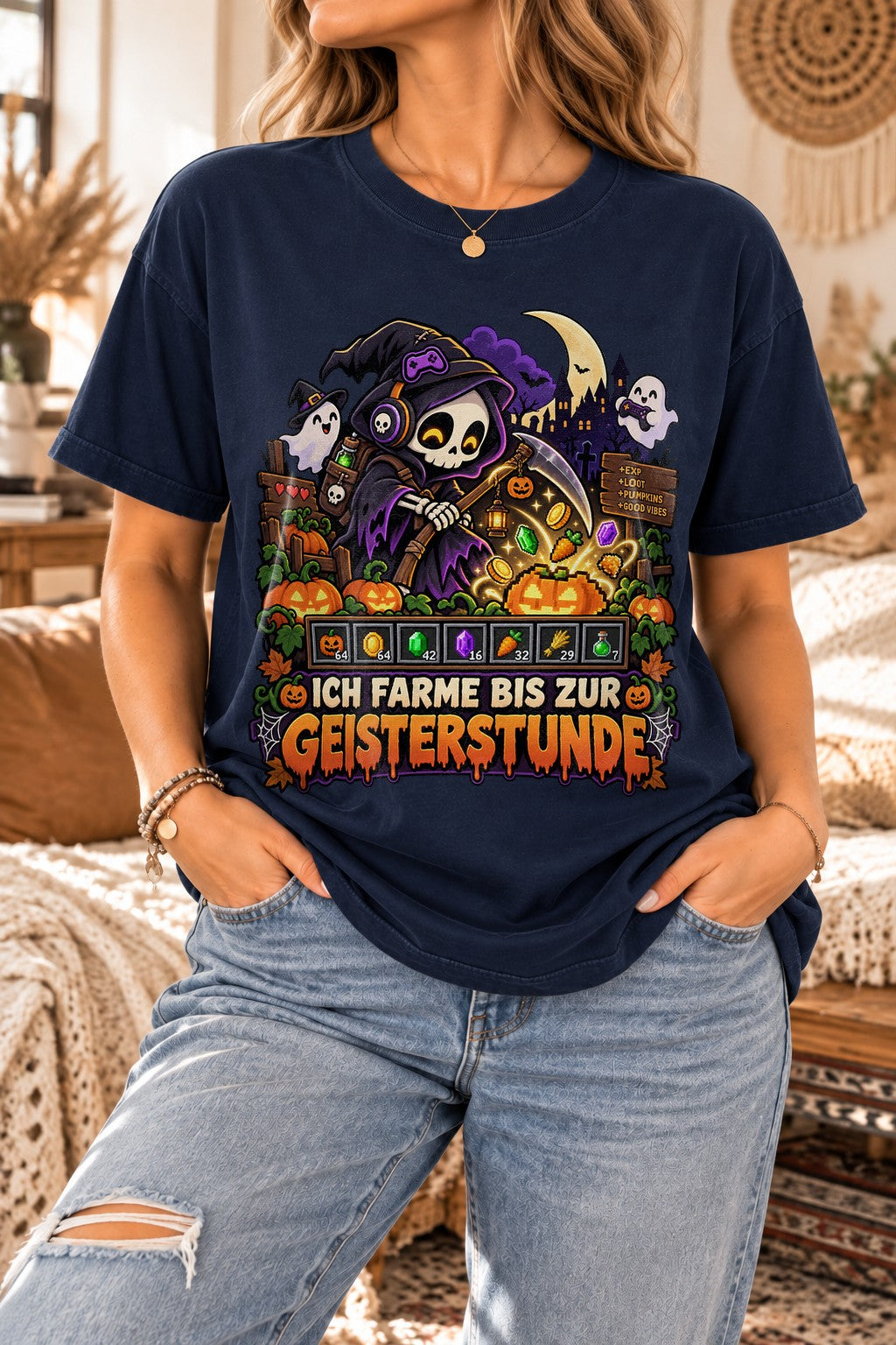 Halloween Gamer T-Shirt Damen Oversized, Ich farme bis zur Geisterstunde Shirt, Lustiges Zocker Geschenk, Washed Vintage Tee