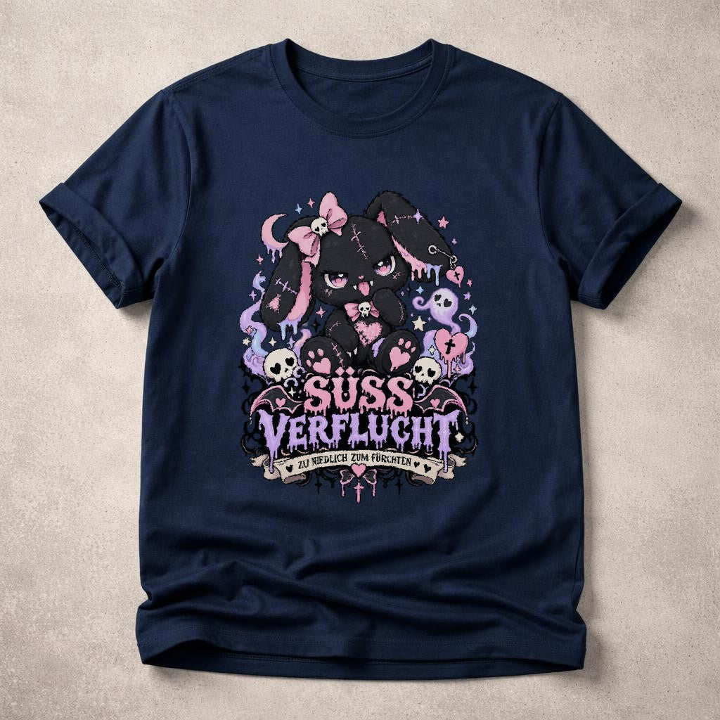 Süss Verflucht T-Shirt Damen Oversized Gothic Kawaii Hase Schwarz Cute Spooky Grunge Shirt Halloween Emo