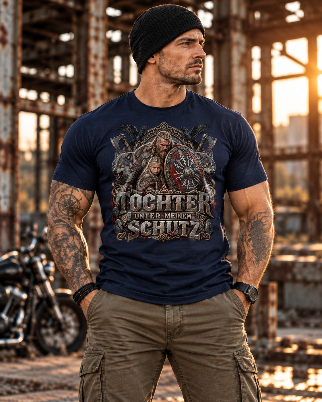 Tochter unter meinem Schutz T-Shirt Wikinger Vater Shirt mit Wolf Rabe Schild, Geschenk für Papa mit Tochter