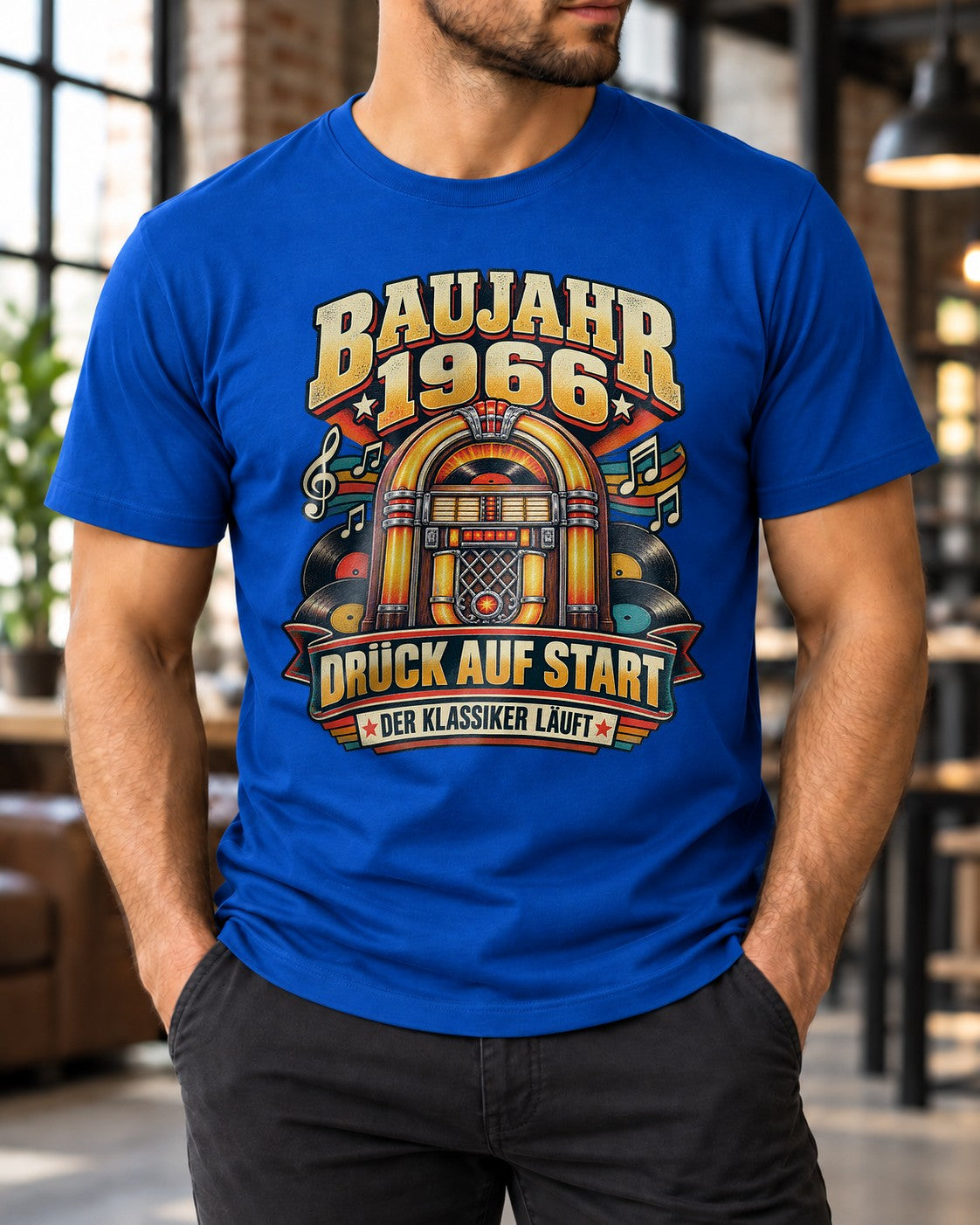 Baujahr 1966 T-Shirt Herren Retro Jukebox Geburtstag Shirt Druck auf Start Der Klassiker läuft Geschenk Mann