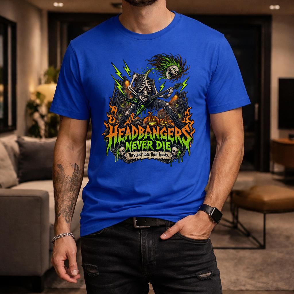 Headbangers Never Die T-Shirt Herren Unisex, Metal Halloween Shirt mit Skelett Gitarrist, Rocker Geschenk lustig