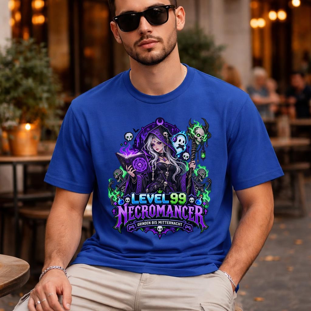 Level 99 Necromancer T-Shirt Herren Damen, Gamer Fantasy Shirt, Grinden bis Mitternacht, Gothic RPG Funshirt