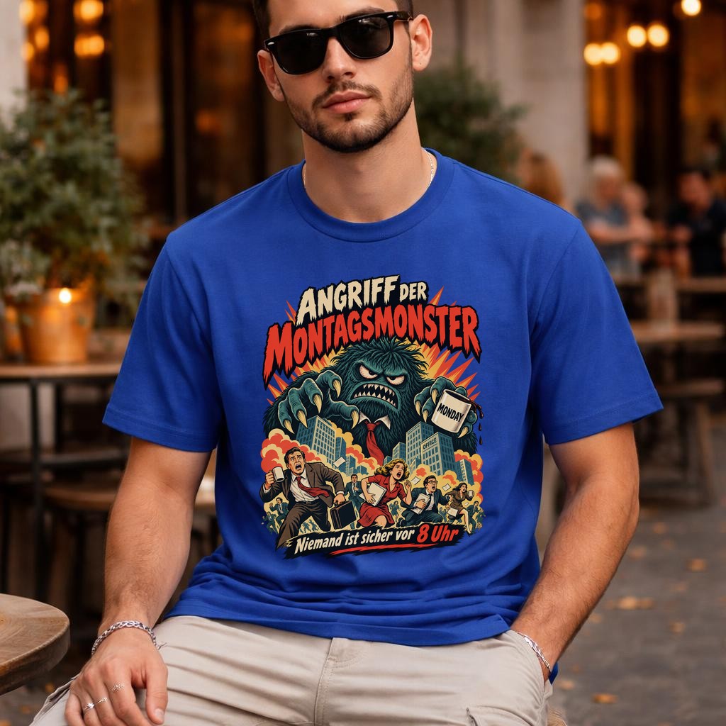 Angriff der Montagsmonster T-Shirt Herren lustig Büro Montag Spruch Shirt Retro Monster Grafik Geschenk