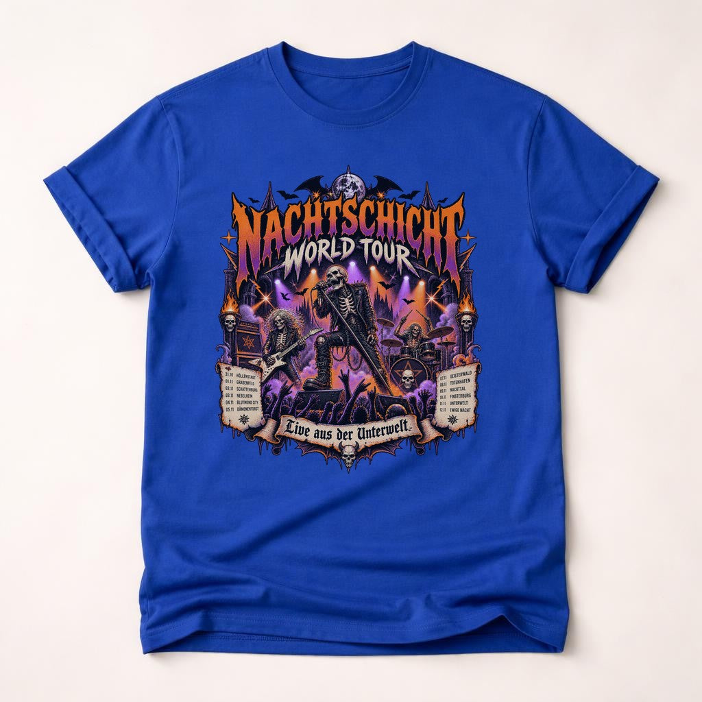 Nachtschicht World Tour T-Shirt Herren Unisex, Gothic Metal Konzertshirt, Live aus der Unterwelt, schwarzes Oversized Shirt