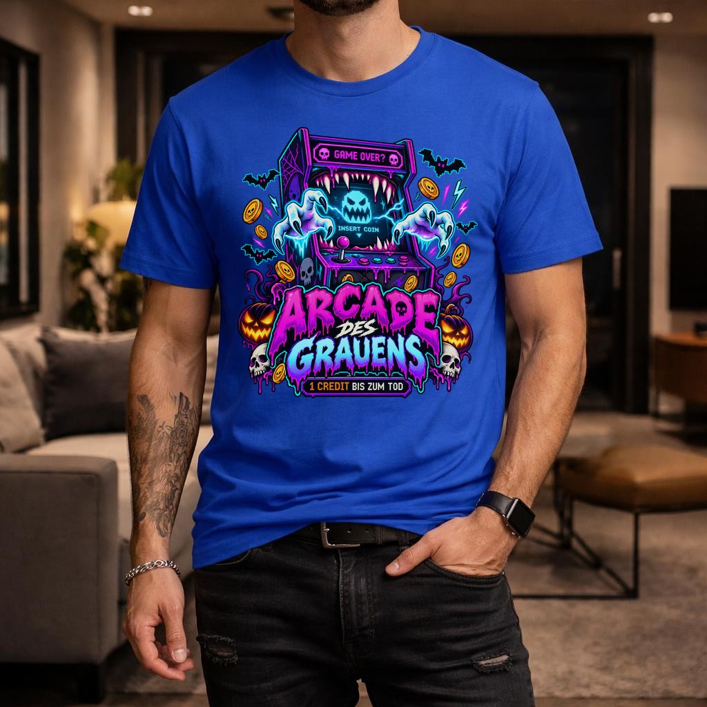 Arcade des Grauens T-Shirt Herren Damen, Horror Gamer Shirt, Halloween Retro Arcade Tee, Neon Grusel Funshirt Unisex