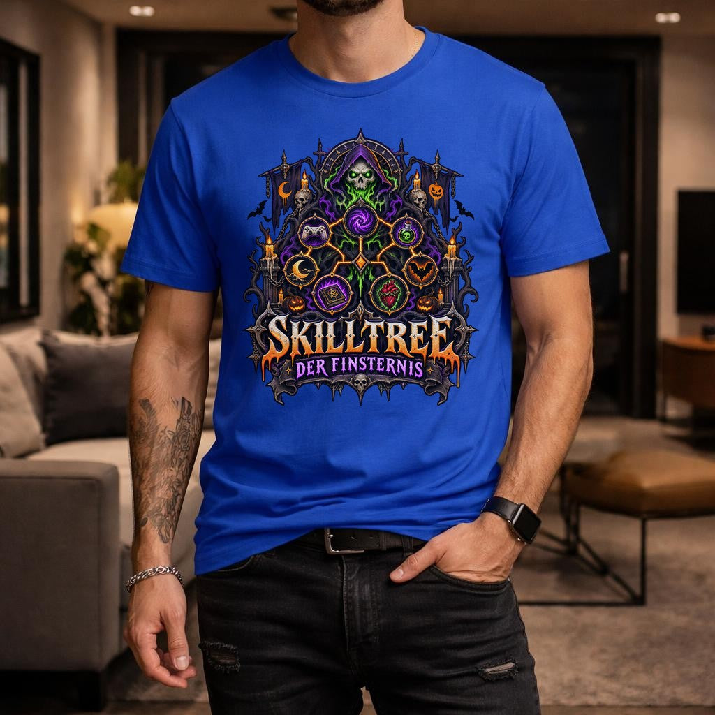 Skilltree der Finsternis T-Shirt Gamer Gothic Halloween Unisex, Dunkle Fantasy Shirt mit Skelett Magie Motiv