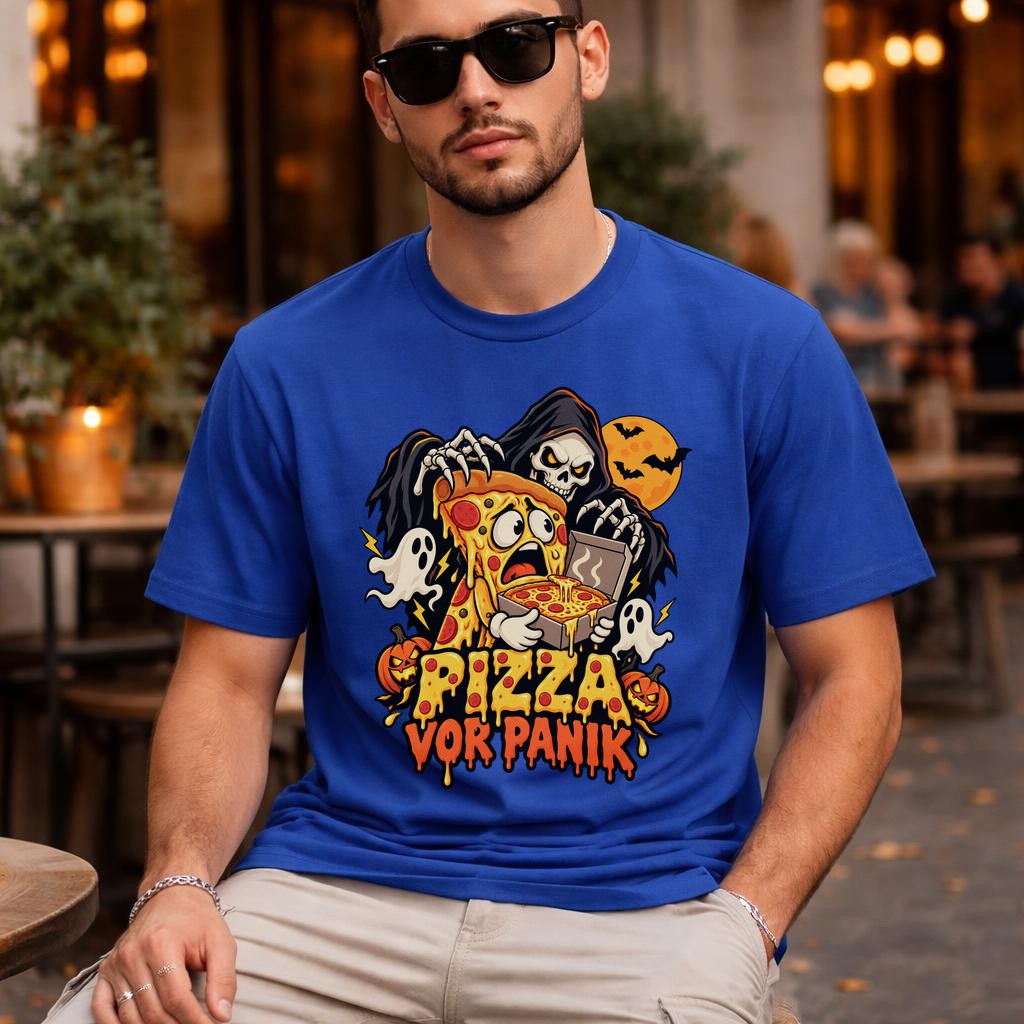 Pizza vor Panik T-Shirt Halloween Lustig Skelett Pizza Shirt Unisex Grusel Funshirt Geschenk