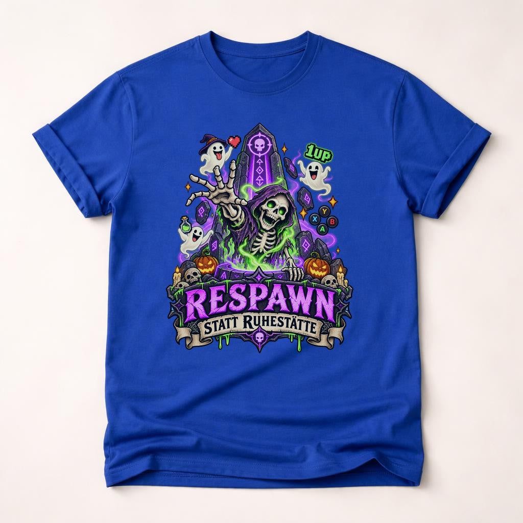 Respawn statt Ruhestätte T-Shirt Gamer Halloween Skelett Ghost Retro Gaming Geschenk Unisex
