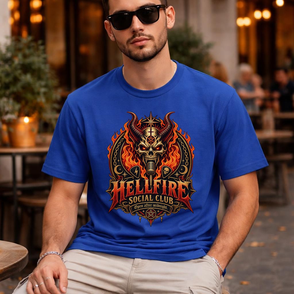 Hellfire Social Club T-Shirt Herren Gothic Metal Shirt mit Dämon Totenkopf Flammen Print Dark Fantasy Rock Geschenk