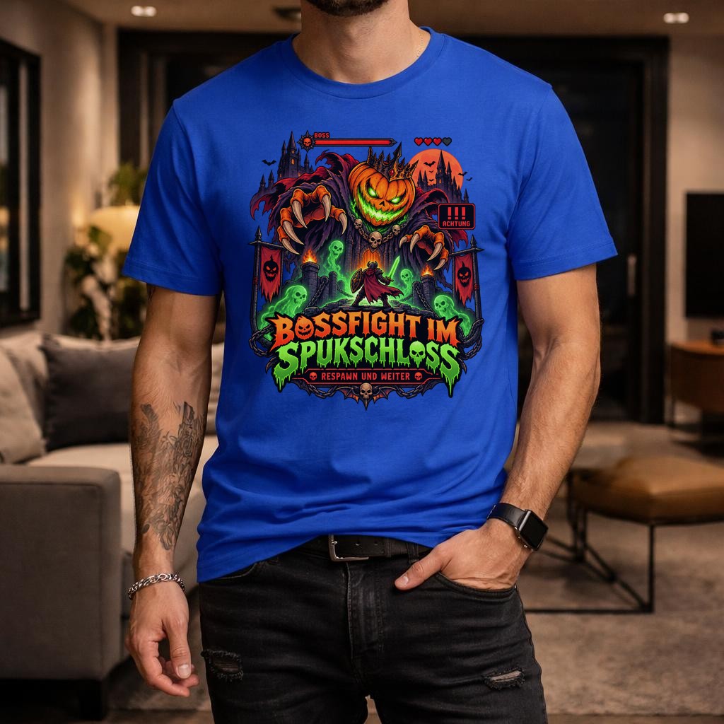Bossfight im Spukschloss T-Shirt Halloween Gamer Shirt Unisex Grusel Gaming Funshirt Pumpkin Boss Tee
