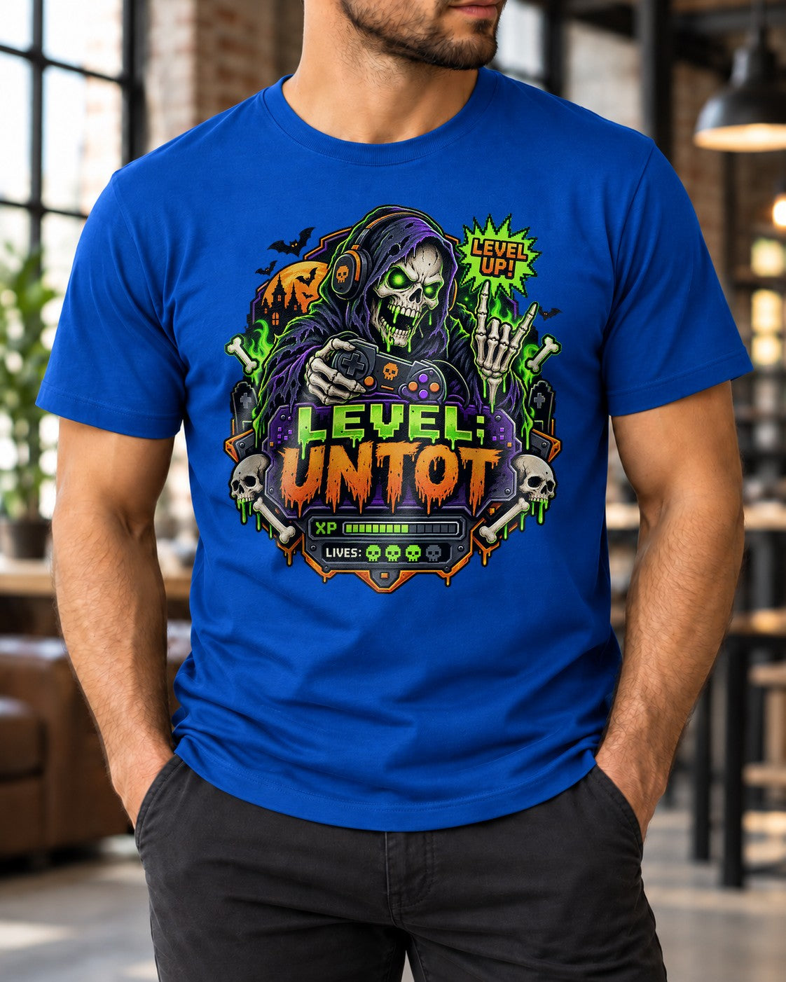 Level Untot Gamer T-Shirt Herren Damen, Lustiges Gaming Halloween Shirt, Skelett Zocker Tee, Nerd Geschenk