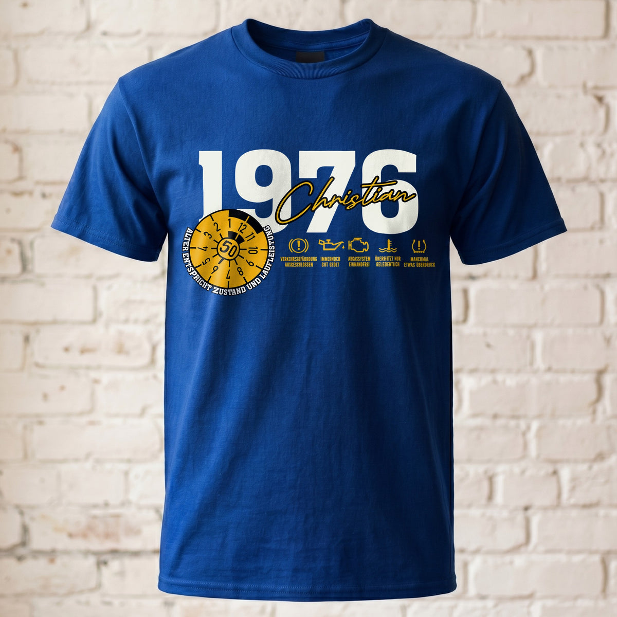 "TÜV Plakette 50. Geburtstag" Personalisiertes T-Shirt mit Name & Baujahr 1976 – Lustiges Geschenk für Männer zum 50er
