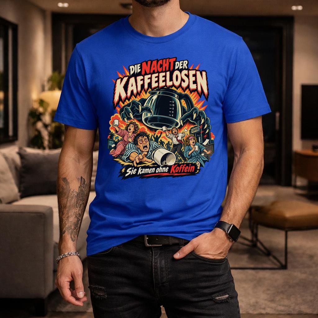 Die Nacht der Kaffeelosen T-Shirt lustig, Kaffee Humor Shirt, Retro Horror Koffein Funshirt Unisex