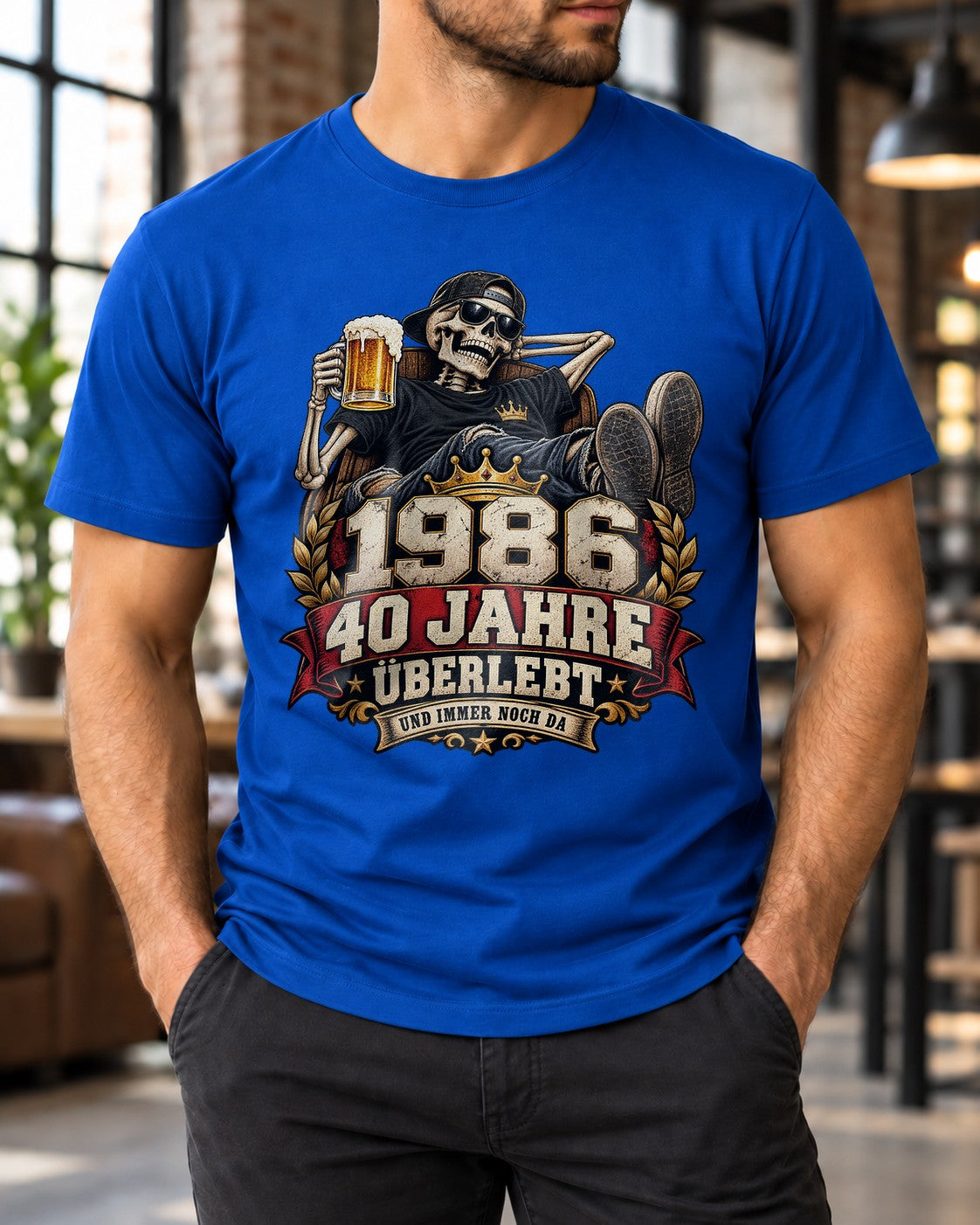 1986 40 Jahre Überlebt T-Shirt Herren, lustiges 40. Geburtstag Shirt mit Skelett Bier, Geschenk zum Vierzigsten